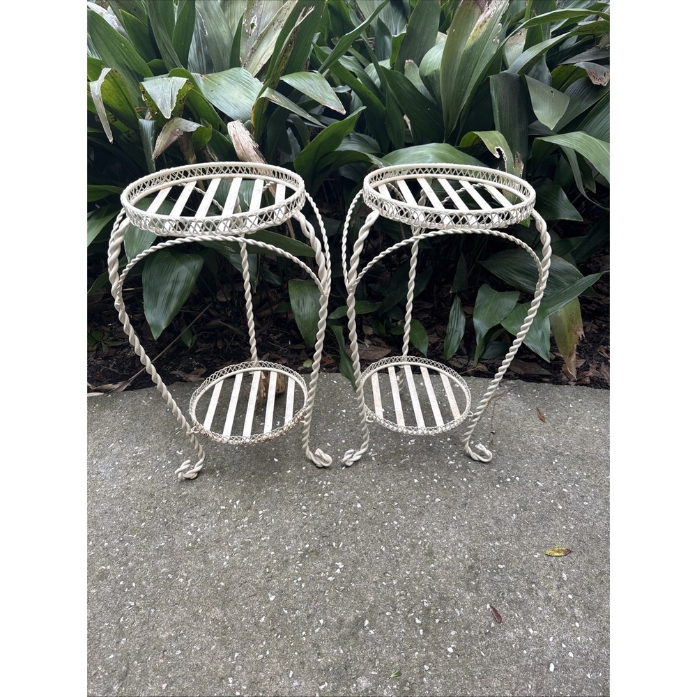 Vintage Two-Tier  Braided Wrought Iron Plant Stands Accent Tables Pair French